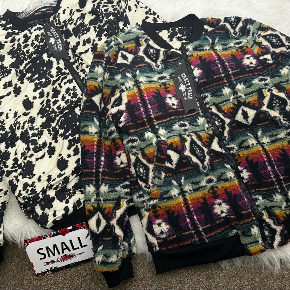 Crazy Train Small Reversible Fleece Jacket Aztec & Cow Print